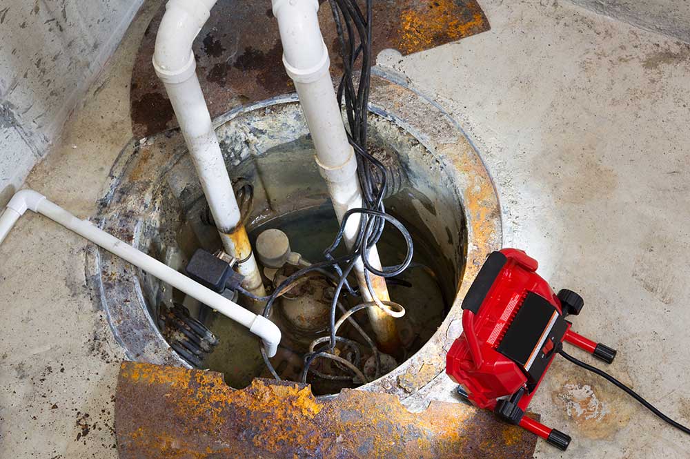 sump pump in basement with work light shining in